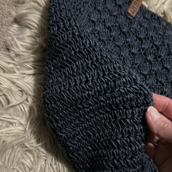 Large Merona Brand Woven Paper Tote Bag-Navy-Faux Leather Straps-Snap Closure - Picture 10 of 16